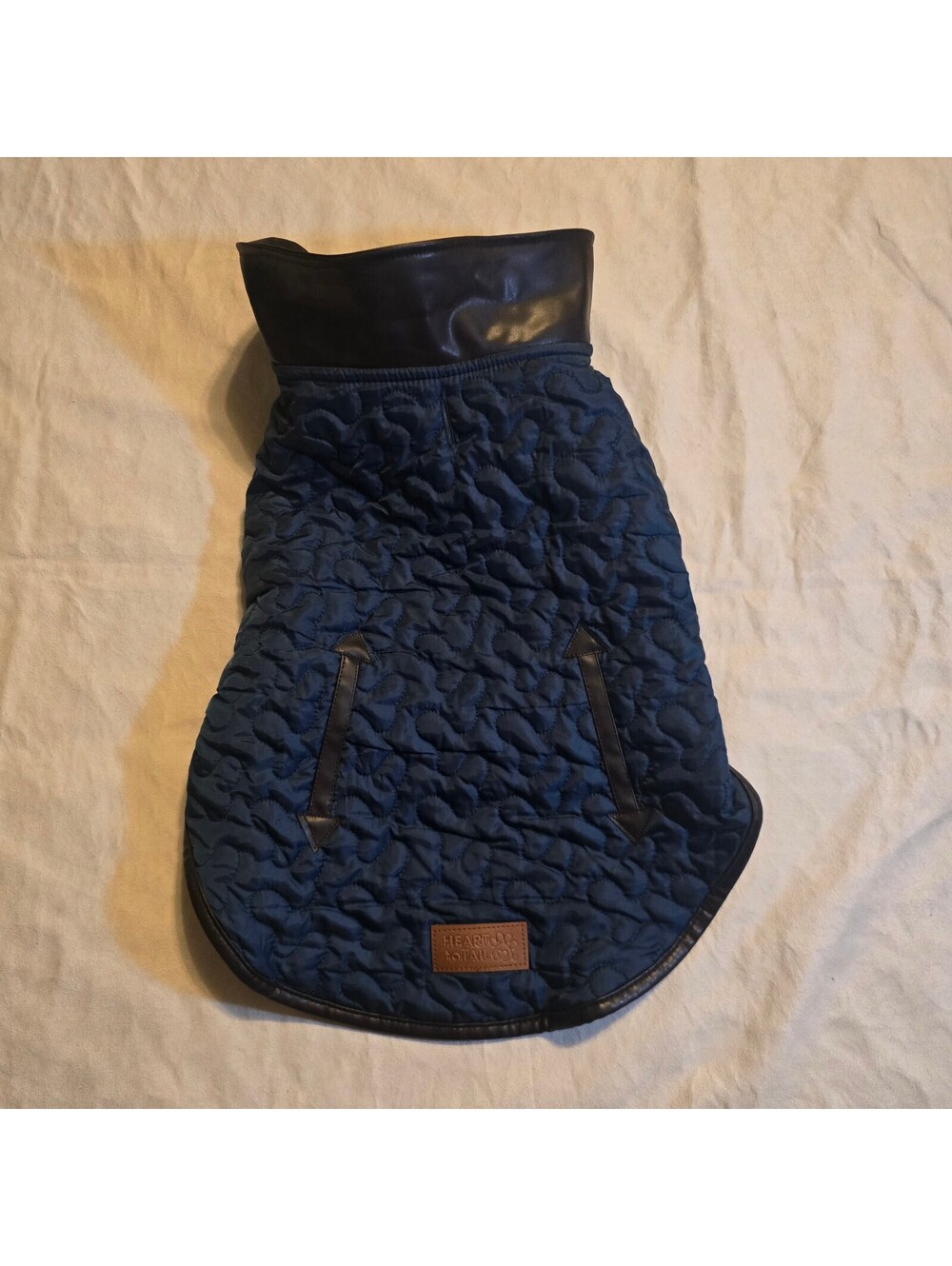 Heart to Tail Quilted Dog Coat in Navy Blue with Faux Leather Trim